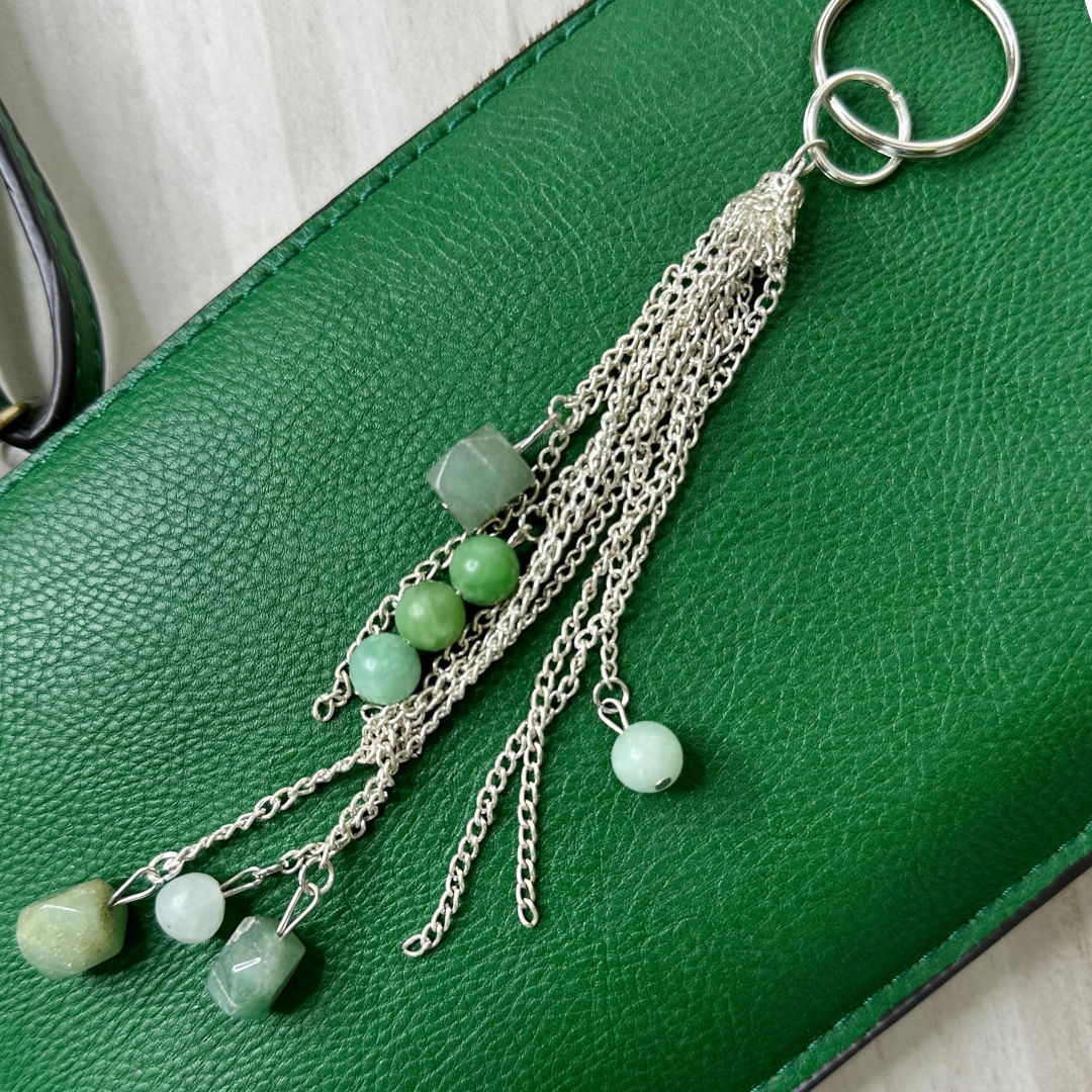 Silver Tassel with Natural Green Gemstones Keychain – Something to